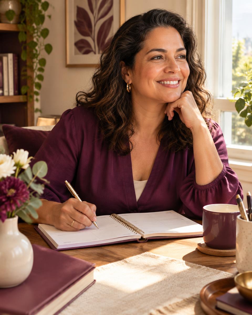 Mulher sorrindo enquanto escreve seus planos em uma agenda